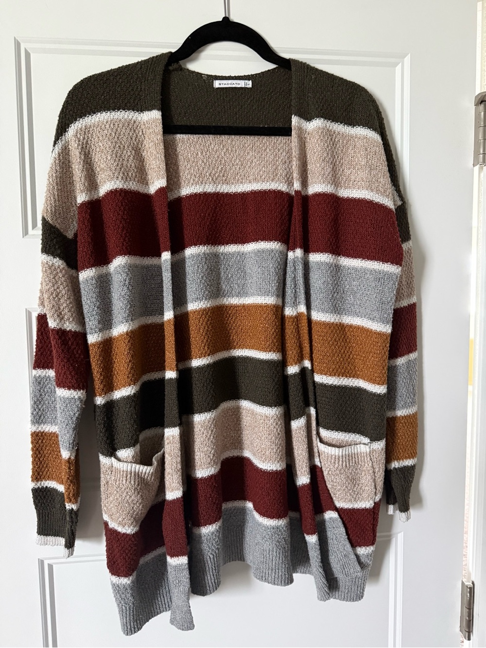 Staccato Striped Open-Front Cardigan in Olive, Rust, Gray & Cream